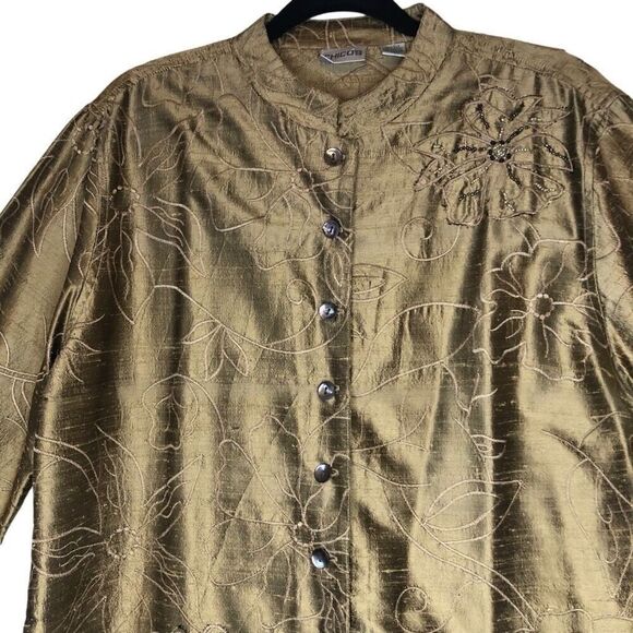 Vtg. Chico’s Gold Embroidered, Beaded Dupioni Silk Jkt/Topper Sz 12 Old Money - Picture 2 of 15